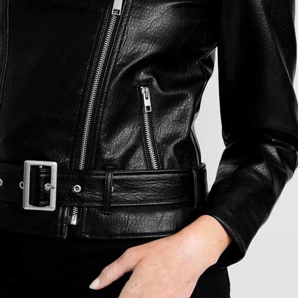 Old Navy Faux Leather Belted Motorcycle Jacket in Black Size M ~ NEW - Picture 3 of 6